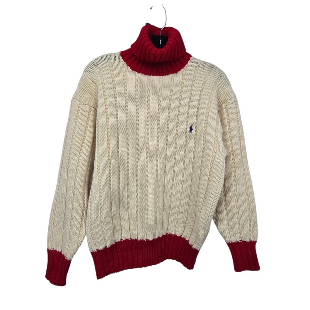 Vintage 1995 Ralph Lauren Two Tone Turtleneck Sweater Men's M Ivory Red Wool